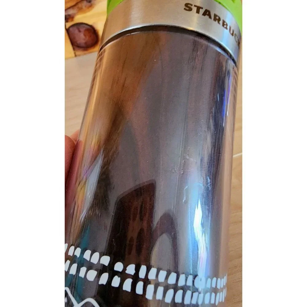 Starbucks Coffee Wood Green Tumbler 12oz Tin Flip Lid Nature Travel Mug 2009